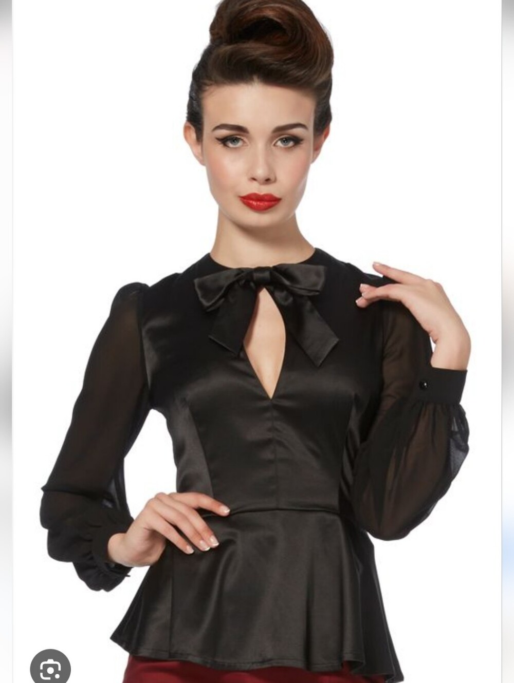 Voodoo Vixen Black Satin Bow-Tie Peplum Blouse NWT